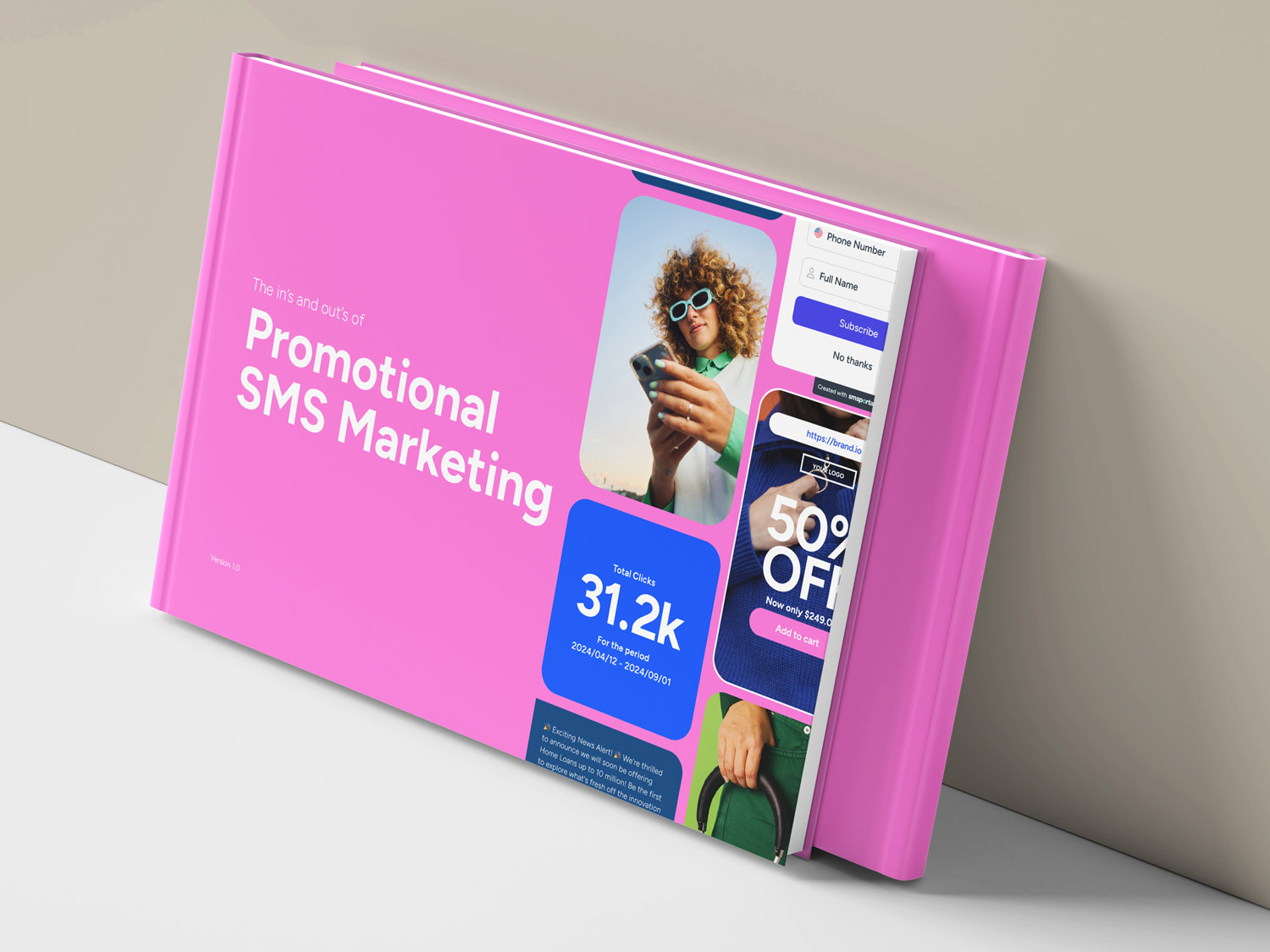 Promotional SMS guide leaning again a cream wall